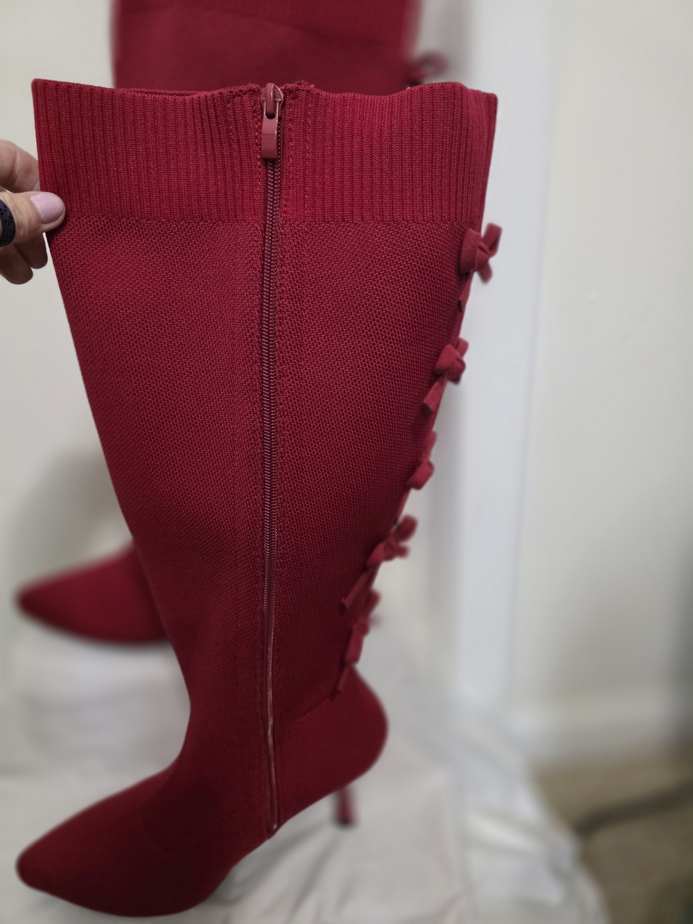 torrid 9.5 Wide Calf Red Knit Knee-High Stiletto Boots with Bows